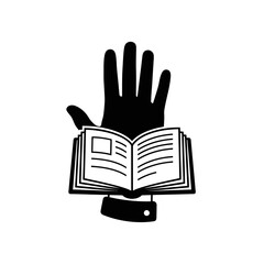 Hand holding open book icon representing knowledge and law