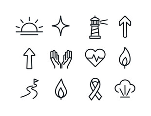 Symbolic Hope Icons. Hope. Line icon set of Hope: sunrise, guidi