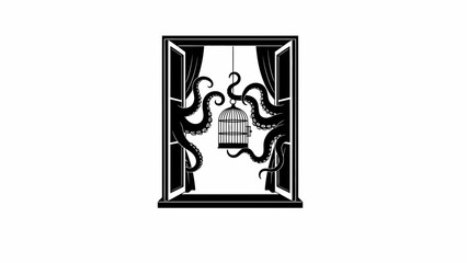 A mysterious octopus tentacles reaching for a birdcage through an open window