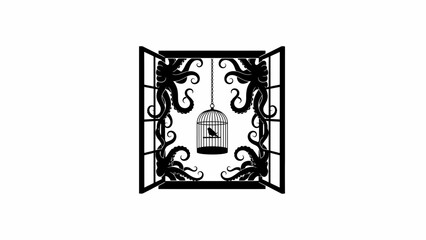 A surreal view through an open window featuring octopus tentacles and a caged bird