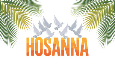 Obraz premium Vibrant hosanna logo with flying white doves and palm leaves on white