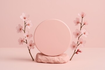 Minimal pink podium with cherry blossoms and stone on pastel background for product display in soft abstract floral composition. Ai generative