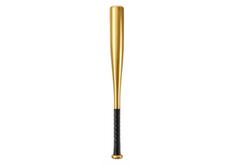 Golden baseball bat standing vertically on a transparent background, representing success, achievement, and winning in sports