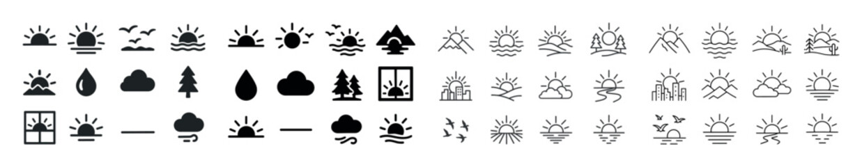 Fototapeta premium Minimalist nature icons set: sun, trees, water, clouds, mountain