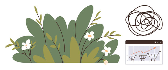 Lush green plants with flowers, a tangled line for confusion, and a graph showing cart growth. Ideal for growth, planning, e-commerce, nature, challenges analytics decision-making. A simple flat © robu_s