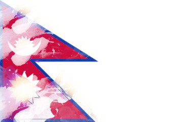 A vibrant, artistic rendering features the flag of Nepal in a watercolor style, conveying a sense of national pride and cultural richness with its unique double-pennon shape and