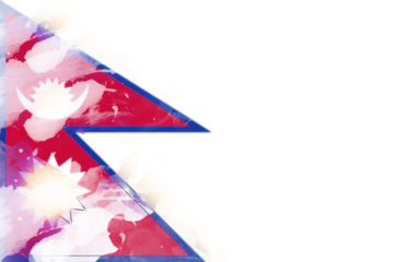 A vibrant, artistic rendering features the flag of Nepal in a watercolor style, conveying a sense of national pride and cultural richness with its unique double-pennon shape and