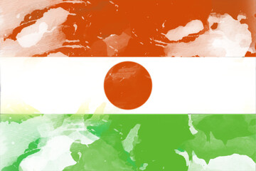 Artistic interpretation of a national flag featuring horizontal bands of orange, white, and green, with an orange circle in the center, rendered in a watercolor style for a soft and