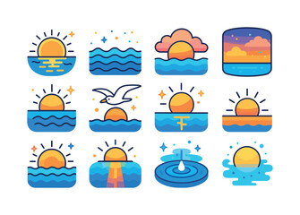 Isometric Sunrise Icons. sunrise over water. Colorful isometric
