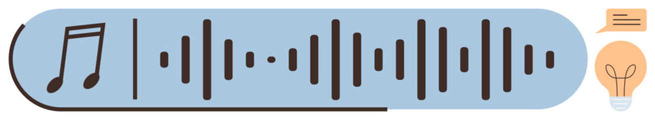 Audio waveform and musical note beside text bubble and light bulb, representing sound, communication, and innovation. Ideal for music, podcasting, audio design, creativity, learning media