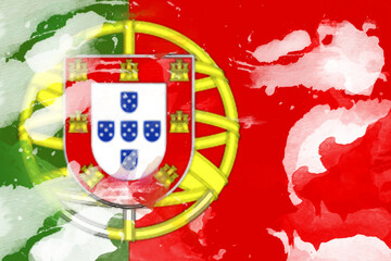Watercolor painting effect of the Portuguese flag with the national coat of arms, showcasing a blended design, the illustration evokes patriotism, featuring green, red, and yellow