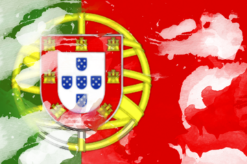 Watercolor painting effect of the Portuguese flag with the national coat of arms, showcasing a blended design, the illustration evokes patriotism, featuring green, red, and yellow