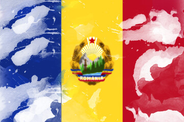A vibrant watercolor painting showcases the Romanian flag with blue, yellow and red stripes, complemented by a central emblem featuring a mountainous landscape, evoking a sense of