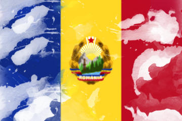 A vibrant watercolor painting showcases the Romanian flag with blue, yellow and red stripes, complemented by a central emblem featuring a mountainous landscape, evoking a sense of