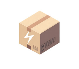 Isometric Cardboard Box with Lightning Bolt Icon on Transparent Background