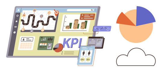 Digital dashboard showing KPI metrics, business roadmap, analytics charts, and mobile data. Ideal for data analysis, strategy, performance tracking, financial planning, productivity management