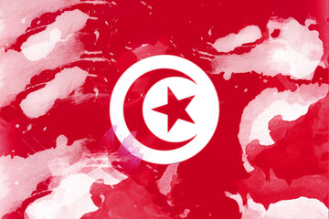 An artistic representation of the Tunisian flag uses a watercolor effect, blending red tones and a white crescent and star in a visually expressive manner, capturing national identity.