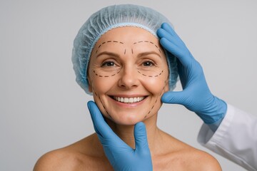Smiling mature woman with surgery marks on face wearing cap while surgeon in gloves examines her before cosmetic procedure on neutral background. Ai generative