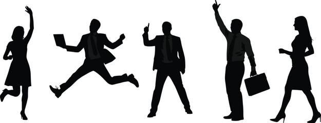 Vector illustration of business people in motion—symbols for corporate success, leadership, teamwork, motivation, and professional energy reference