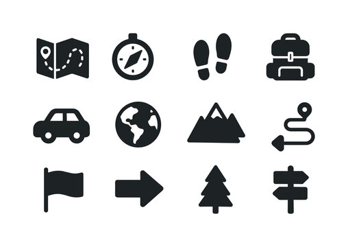 Journey Icon Set. Journey. Solid icon set of Journey: map, compa