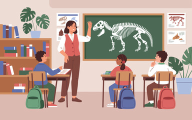 Fototapeta premium An engaging classroom scene where a teacher is explaining the anatomy of a dinosaur to enthusiastic students seated at desks, showing a fun learning environment.