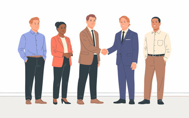 Obraz premium This image captures a group of business professionals engaging in a firm handshake, symbolizing collaboration, trust, and networking within a corporate environment.