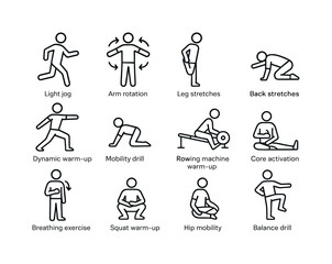 Fototapeta premium Rowing Warm-Up Icons. Rowing warm-up routines. Line icon set of