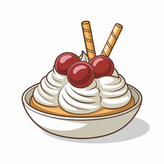 A mouthwatering dessert bowl topped with whipped cream, cherries, and waffle cones, presenting a delightful treat perfect for any celebration or indulgence moment.