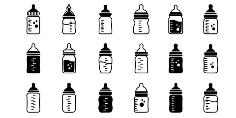 Baby bottle icons set black and white illustrations.