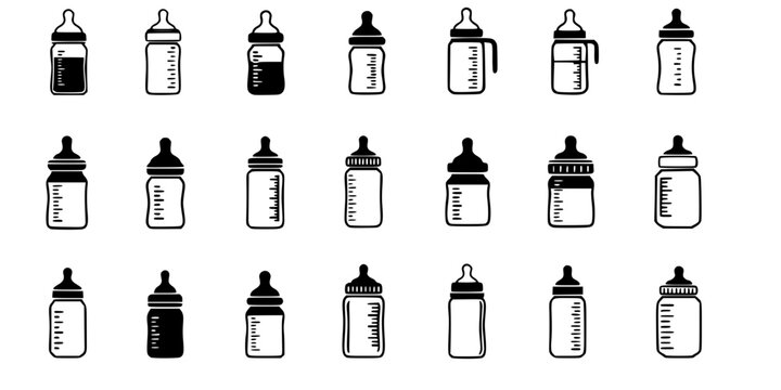 Baby bottle icons set black and white illustrations.
