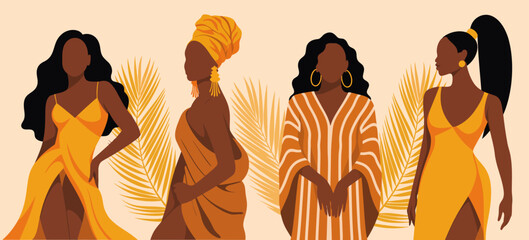 An artistic depiction of four elegant women in vibrant fashion styles, celebrating diversity and empowerment through their unique appearances and cultural representations. © Binglong