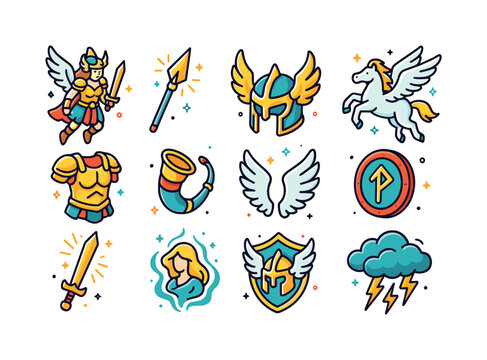 Valkyrie Icon Set. Valkyries. Colorful isometric vector icons se