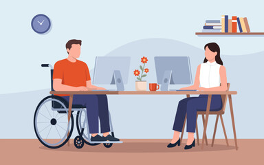 Two individuals with different abilities collaborate at a modern office workspace, showcasing inclusivity and teamwork in a professional and engaging environment filled with creativity.