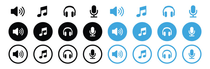 Audio icon set. sound, speaker, musical note, headphone, microphone symbol. Media control ui, ux icon set. vector illustration 