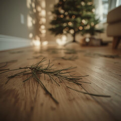 Pine needles scattered on a wooden floor with a blurred Christmas tree in the background. Realistic post-holiday home scene, warm light, shallow depth of field and cozy winter atmosphere.