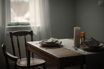 Minimalist winter table setting with candles, simple dinnerware and folded napkins in a quiet home interior. Soft natural light, calm atmosphere, cozy seasonal mood and empty dining table.