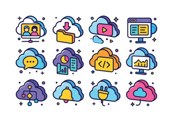 Fototapeta premium Colorful Cloud Icons. Cloud applications. Colorful isometric vec