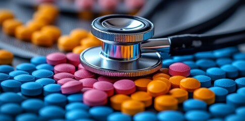 A close-up of a stethoscope resting on colorful pills, symbolizing healthcare and medical treatment.