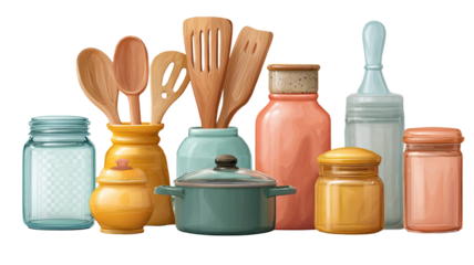 colorful kitchen jars with wooden coking utensils pastel containers arranged neatly modern home kitchen illustration isolated on white background