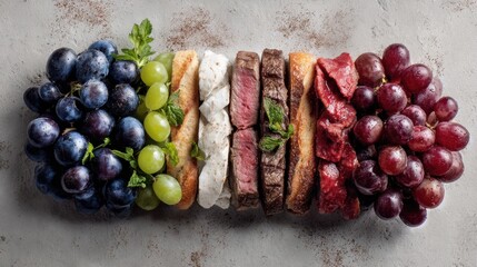 Colorful arrangement of fruits and meat showcasing healthy eating and creative food presentation on textured background