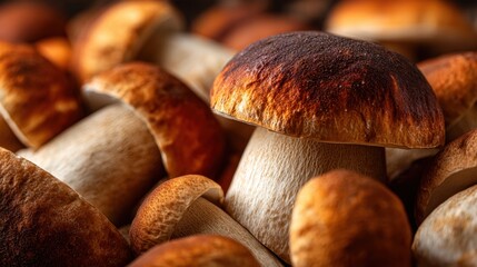 Fresh Edible Mushrooms with Rich Textures and Warm Tones in Close-Up Photography for Culinary Use