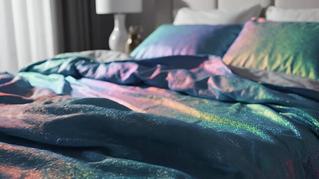 Bedding set with colorful iridescent sheets and pillows in bedroom.