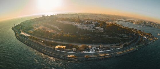 Istanbul panoramic fisheye view capturing curved city lines, vivid lights, and wide-angle scenes of...