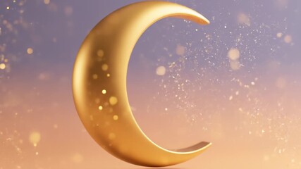 Golden Crescent Moon Slowly Rotates With Sparkling Bokeh Effects