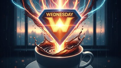 Energetic Wednesday Coffee Splashing with Bright Glowing w Emblem