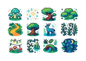 Enchanted Woodland Icons. Enchanted woodland. Colorful isometric