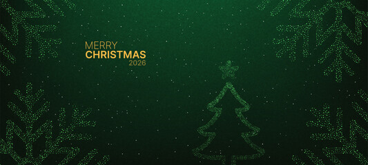 Merry Christmas 2026 glittering golden text on a dark green background with a sparkling Christmas tree and snowflakes in the corners. Holiday graphic for greeting card.