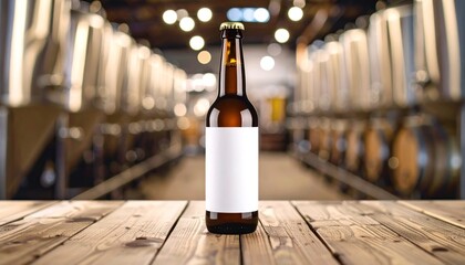 Beer Bottle Mockup on Wood Table in Brewery.
