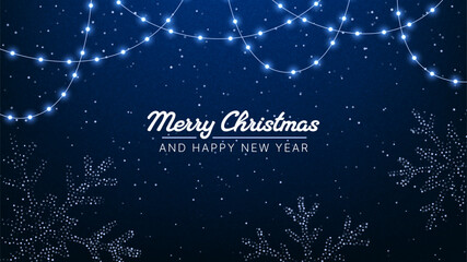 Naklejka na ściany i meble festive christmas lights and snowflakes on a dark blue background with text merry Christmas and happy new year for winter holiday card