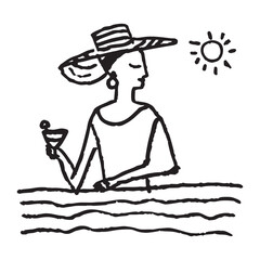 Minimalist Line Art Illustration of a Woman Enjoying a Drink by the Water